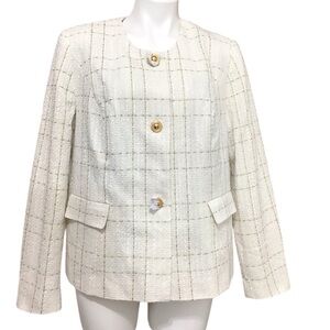 Fair Lady Cream Tweed Jacket Gold Metallic Stripes New Size 14 Plaid Blazer